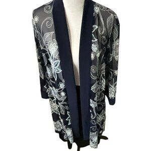 R & M Richards  22 W Blue Floral Chiffon Cardigan Open Front LongSleeves Duster